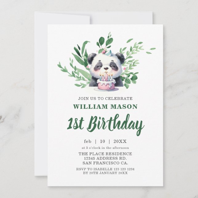 Invitación Cute Panda Acuarela Verde Cumpleaños 1 (Anverso)