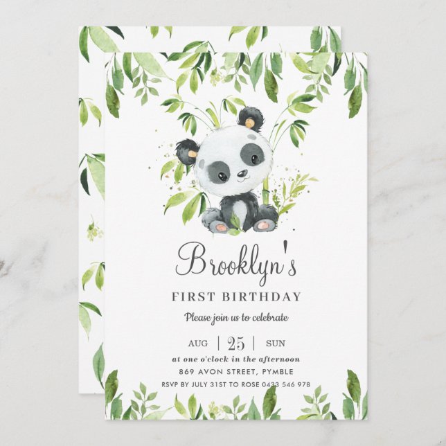Invitación Cute Panda Bamboo Greenery Primer Fiesta de cumple (Anverso / Reverso)