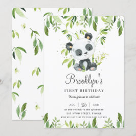 Invitación Cute Panda Bamboo Greenery Primer Fiesta de cumple