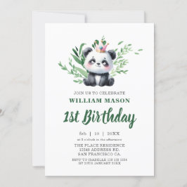 Invitación Cute Panda Bear Agua Verde Primer Cumpleaños