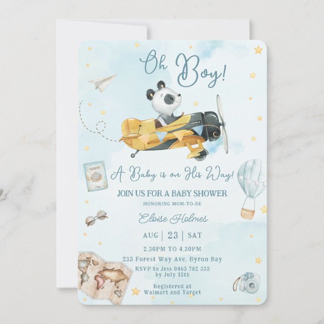 Invitación Cute Panda Bear Avión Aventura Oh Boy Baby Shower (Anverso)