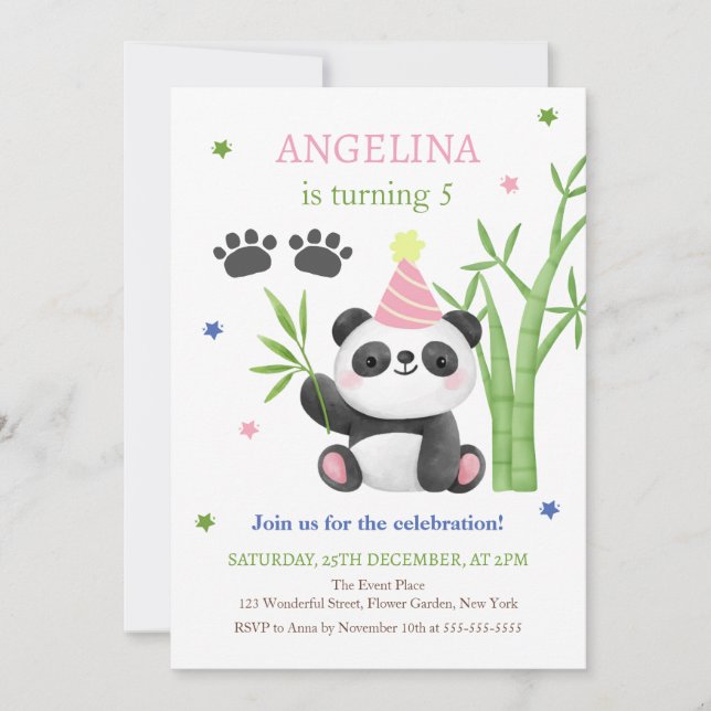 Invitación Cute Panda Bear Bamboo Birthday  (Anverso)