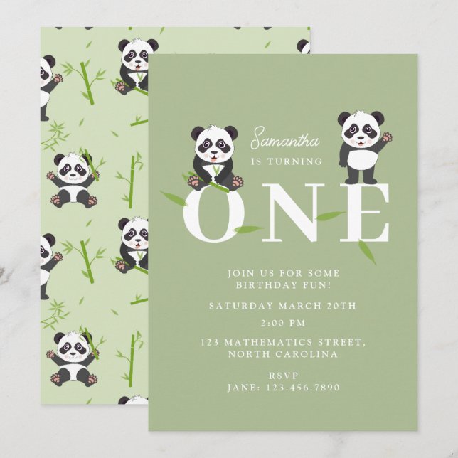 Invitación Cute Panda Bear Kawaii Kids First One Birthday (Anverso / Reverso)