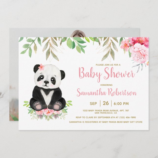 Invitación Cute Panda Bear Rubor Pink Floral Baby Shower (Anverso / Reverso)
