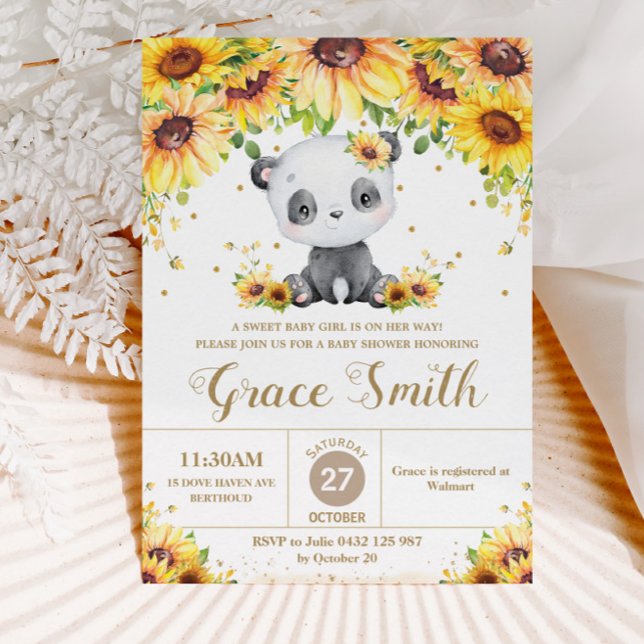 Invitación Cute Panda Bear Sunflower Floral Baby Shower Chica (Subido por el creador)
