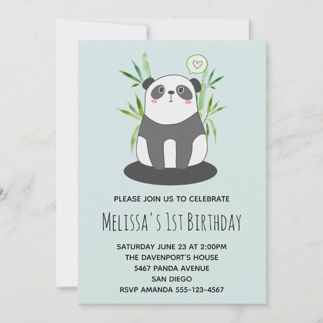 Invitación Cute Panda Blanco y Negro en Cumpleaños de Bambú (Anverso)