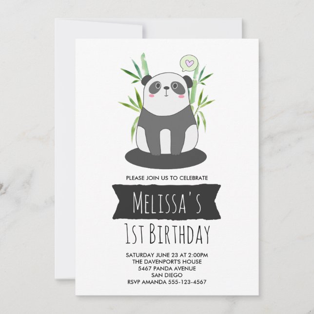 Invitación Cute Panda blanco y negro en cumpleaños de bambú (Anverso)