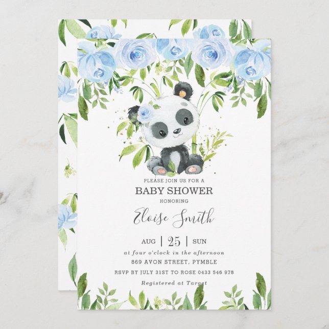 Invitación Cute Panda Blue Floral Greeneration Baby Shower (Anverso / Reverso)