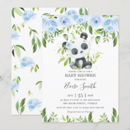 Invitación Cute Panda Blue Floral Greeneration Baby Shower