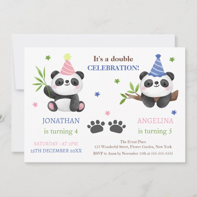 Invitación Cute Panda Boy and Girl Joint Birthday  (Anverso)