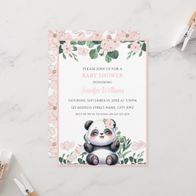 Invitación Cute Panda Chica Greenery Flor Rosa Baby Shower (Anverso/Reverso In Situ)
