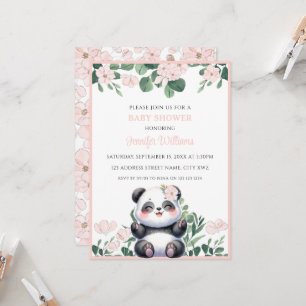 Invitación Cute Panda Chica Greenery Flor Rosa Baby Shower
