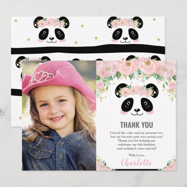 Invitación Cute Panda cumpleaños Foto de agradecimiento (Anverso / Reverso)