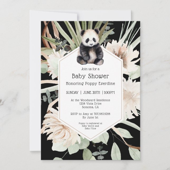 Invitación Cute Panda Greenery Baby Shower Género neutro (Anverso)