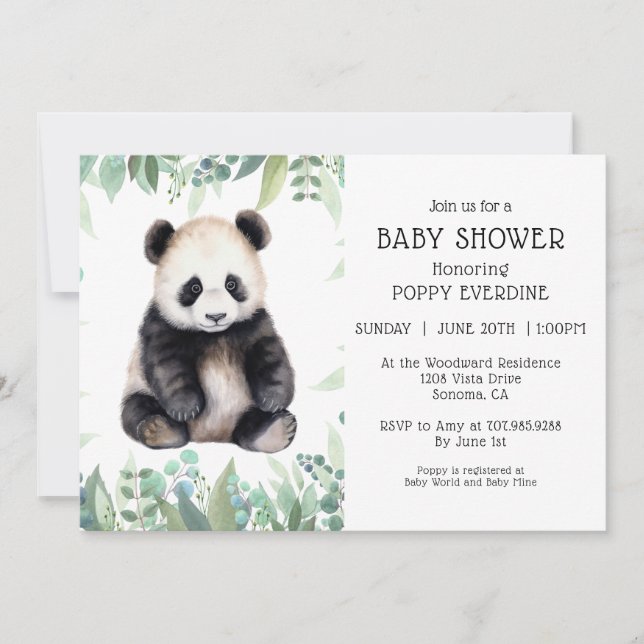 Invitación Cute Panda Greenery Baby Shower Género neutro (Anverso)