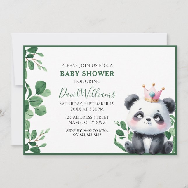 Invitación Cute Panda Greenery Gender Neutral Baby Shower (Anverso)