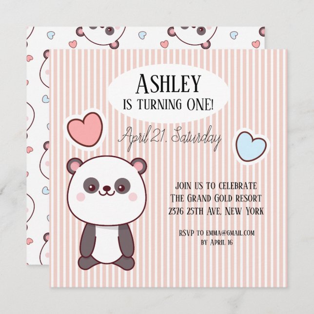 Invitación Cute Panda Kawaii Primer cumpleaños (Anverso / Reverso)