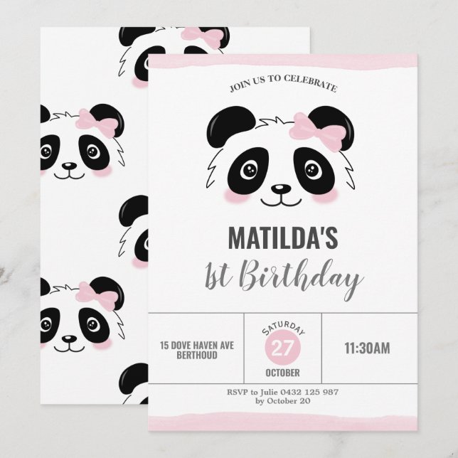 Invitación Cute Panda Partido de Cumpleaños Blanco y Negro Ro (Anverso / Reverso)