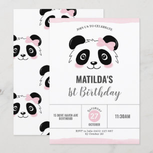 Invitación Cute Panda Partido de Cumpleaños Blanco y Negro Ro