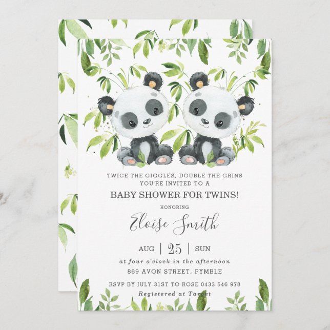 Invitación Cute Panda Pink Floral Twin Boys Baby Shower (Anverso / Reverso)