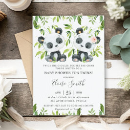 Invitación Cute Panda Pink Floral Twins Boy Chica Baby Shower