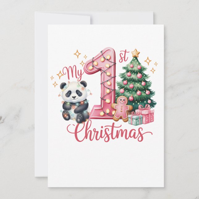 Invitación Cute Panda Pink My First Christmas Birthday (Anverso)