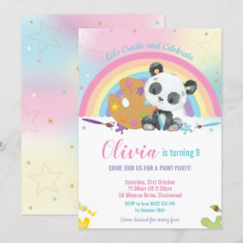 Invitación Cute Panda Rainbow Art Paint Chica de la fiesta de