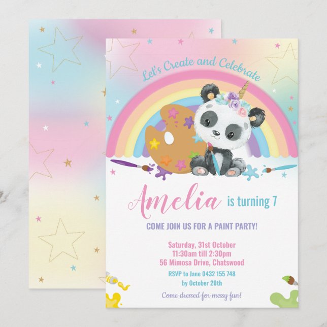 Invitación Cute Panda Rainbow Art Paint Chica de la fiesta de (Anverso / Reverso)