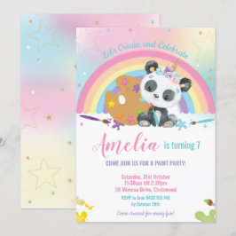 Invitación Cute Panda Rainbow Art Paint Chica de la fiesta de