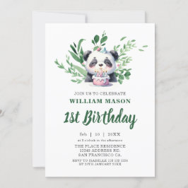 Invitación Cute Panda Watercolor Greenery 1er cumpleaños