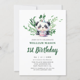 Invitación Cute Panda Watercolor Greenery 1er cumpleaños