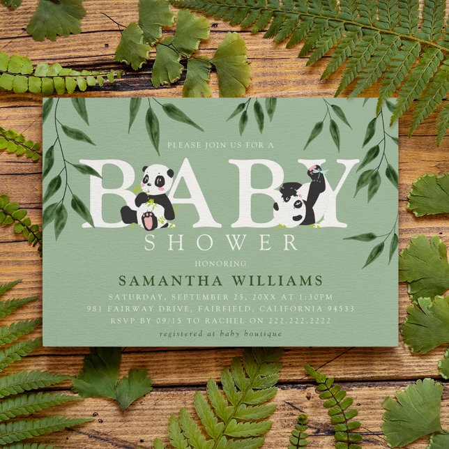 Invitación Cute Panda y Foliage Neutral Baby Shower (Subido por el creador)