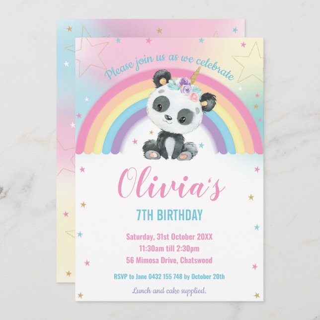 Invitación Cute Pandacorn Panda Rainbow Birday Party (Anverso / Reverso)