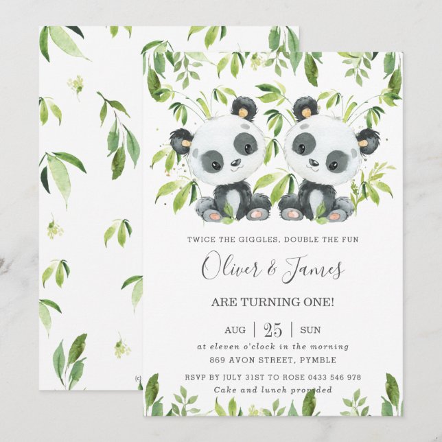 Invitación Cute Pandas Bamboo Greenery Twin Boys Cumpleaños (Anverso / Reverso)