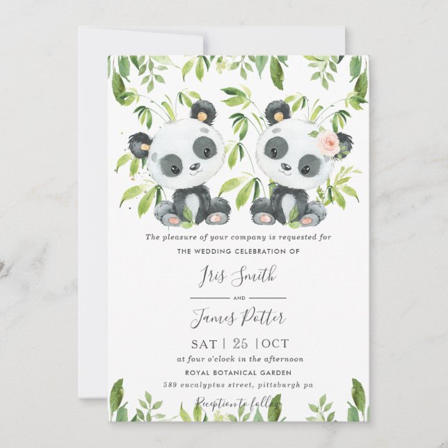 Invitación Cute Pandas Green Bamboo Greeneration Boda (Anverso)