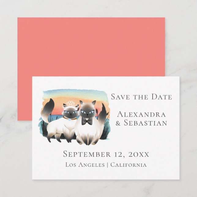 Invitación Cute Pareja De Gatos Siameses Salva Al Boda De Fec (Anverso / Reverso)