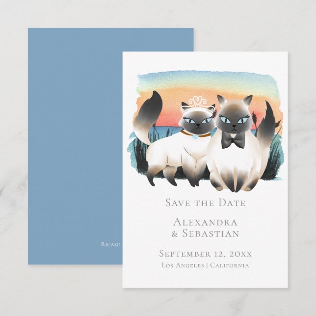 Invitación Cute Pareja De Gatos Siameses Salva Al Boda De Fec (Anverso / Reverso)