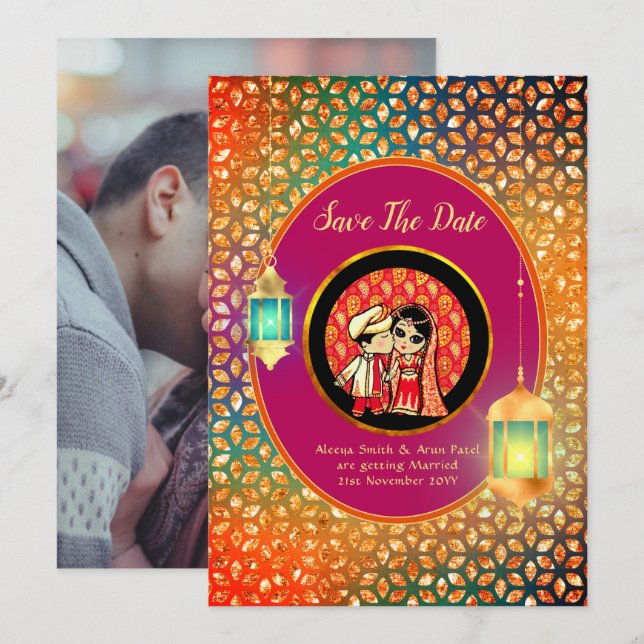 Invitación Cute pareja de Personalizados indios salva la foto (Anverso / Reverso)