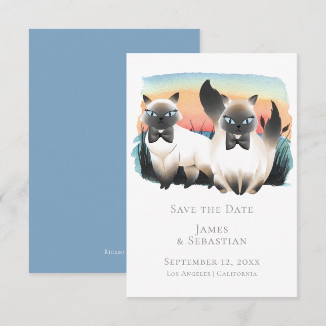 Invitación Cute pareja gay siamesa salva al Boda de fecha (Anverso / Reverso)