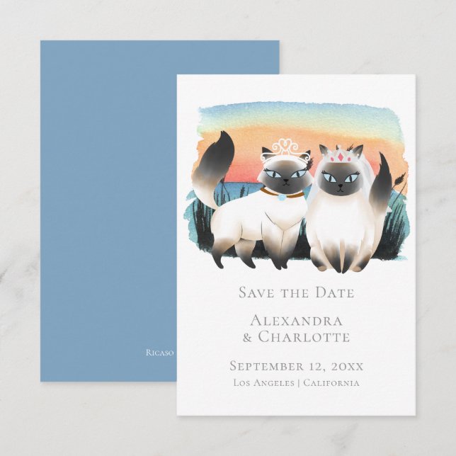 Invitación Cute pareja gay siamesa salva al Boda de fecha (Anverso / Reverso)