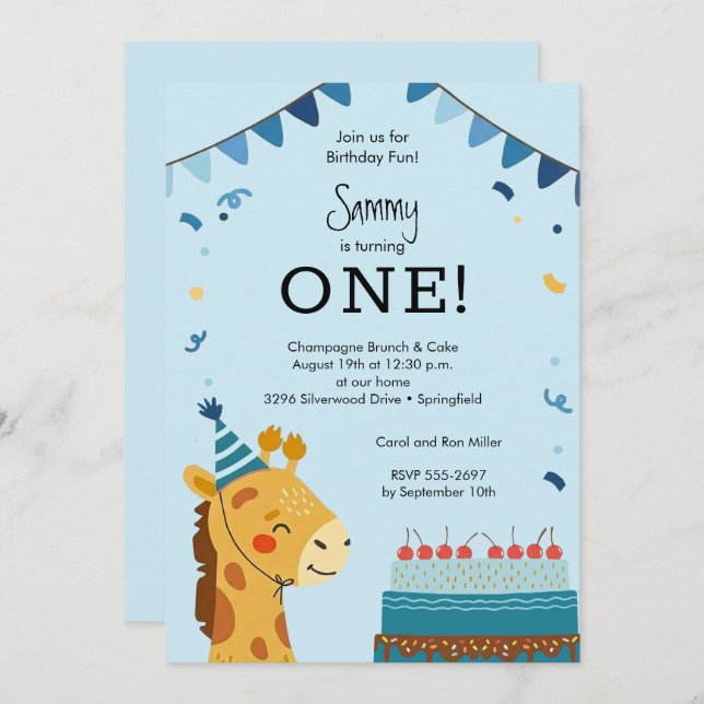 Invitación Cute Party Animal Boy 1st Birthday (Anverso / Reverso)