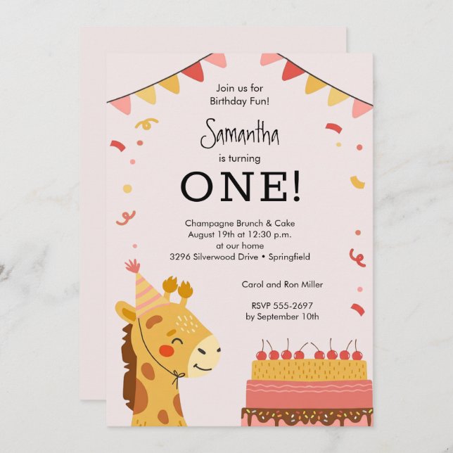 Invitación Cute Party Animal Girl 1st Birthday (Anverso / Reverso)