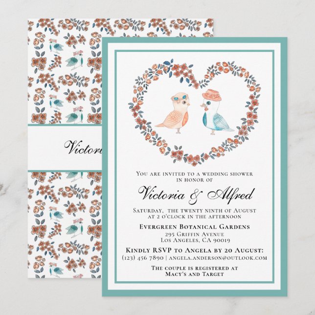 Invitación Cute Pastel Acuarela Amor Aves Ducha Parejas (Anverso / Reverso)