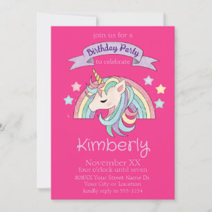 Invitación Cute Pastel Arcoíris y Unicornio Brillante sobre R