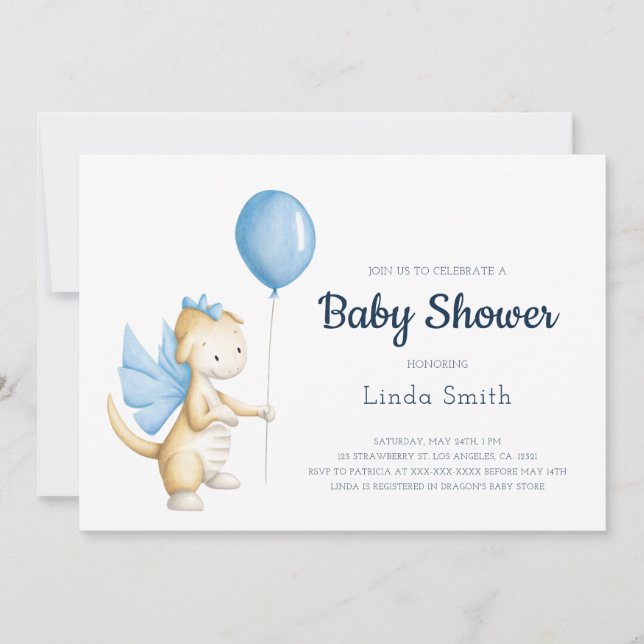 Invitación Cute Pastel Azul Dragon Boy Baby Shower (Anverso)