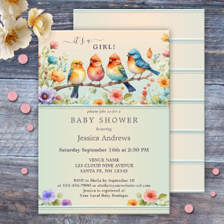 Invitación Cute Pastel Birds Watercolor Floral Baby Shower
