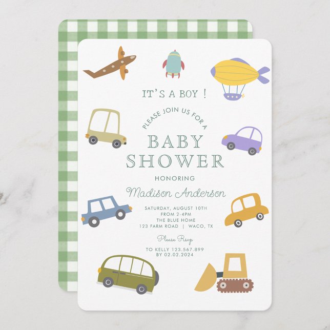 Invitación Cute Pastel Car Truck Plane Rocket Baby Shower (Subido por el creador)