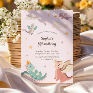 Invitación Cute Pastel Dragons Niños Fiesta de cumpleaños