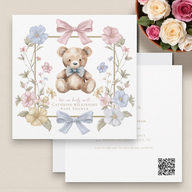 Invitación Cute pastel Floral Teddy Bear Baby Shower QR code  (Subido por el creador)