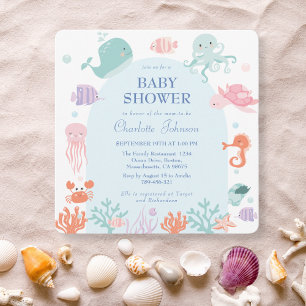 Invitación Cute Pastel Ocean Friends Blue Baby Shower